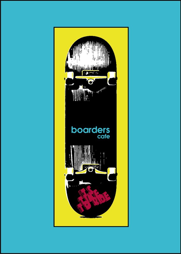 Coperta meniului boarders cafe: placă de skate pe fundal galben și turcoaz